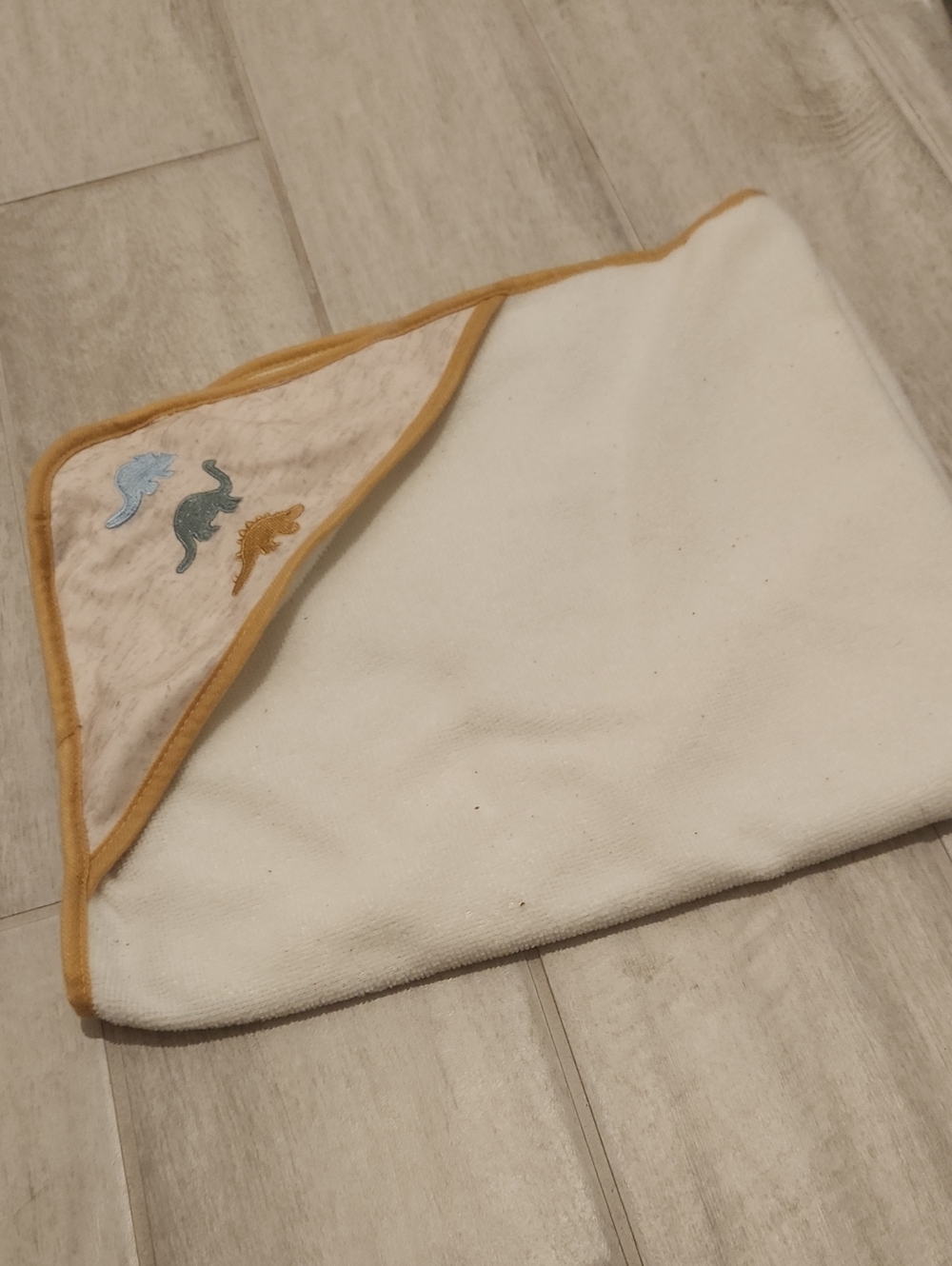 Baby Hooded Towel with Dino Embroidery - White and Mustard Trim